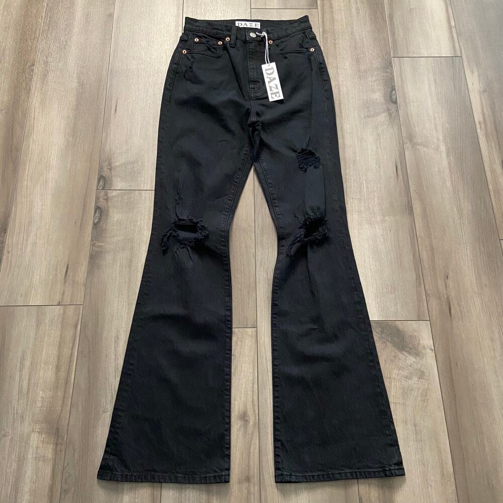 Daze Denim Go Getter High Rise Flare Jeans Women's 26X32 Alibi Black Distressed